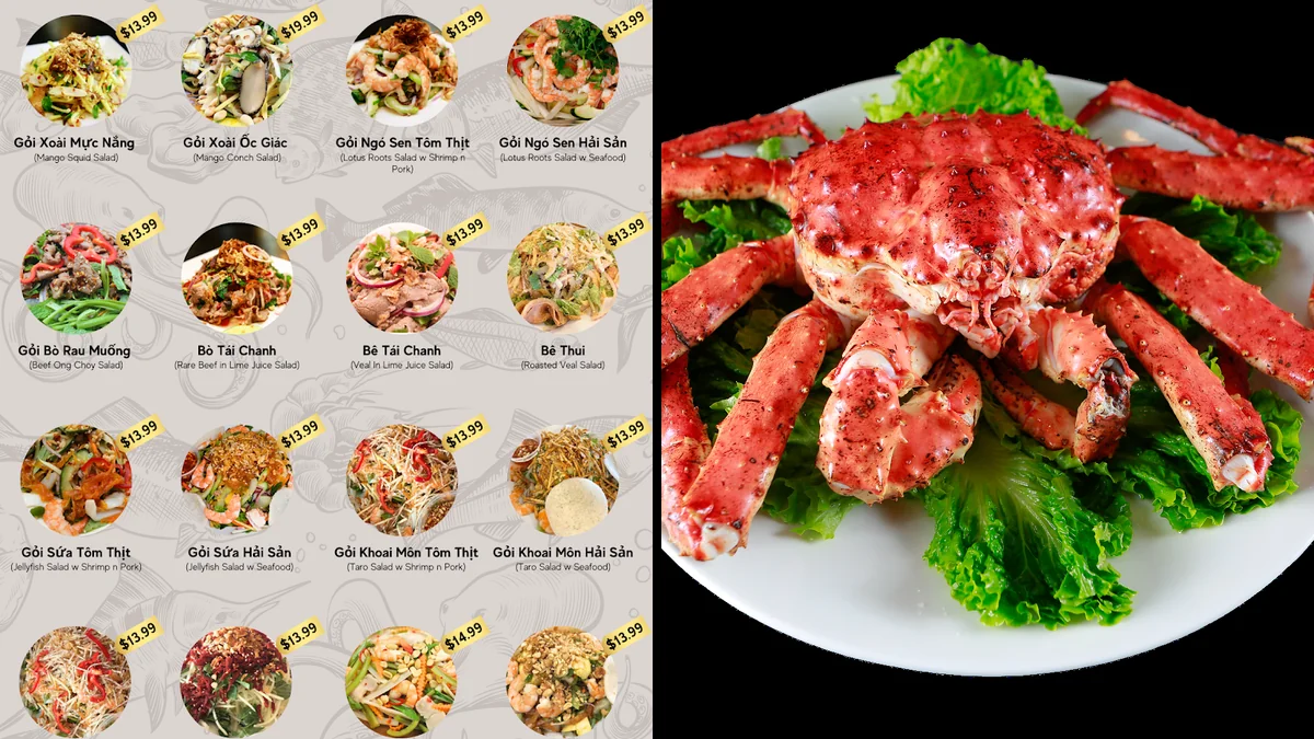 Seafood dishes on a busy restaurant table.