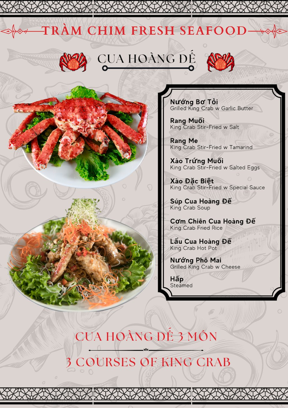Printed menu page for seafood and drinks.