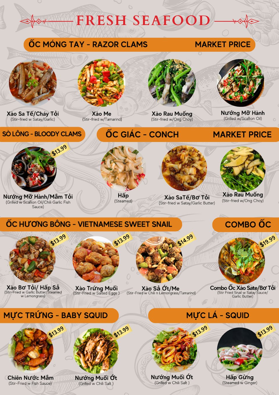 Restaurant menu with Vietnamese dishes and beverages.